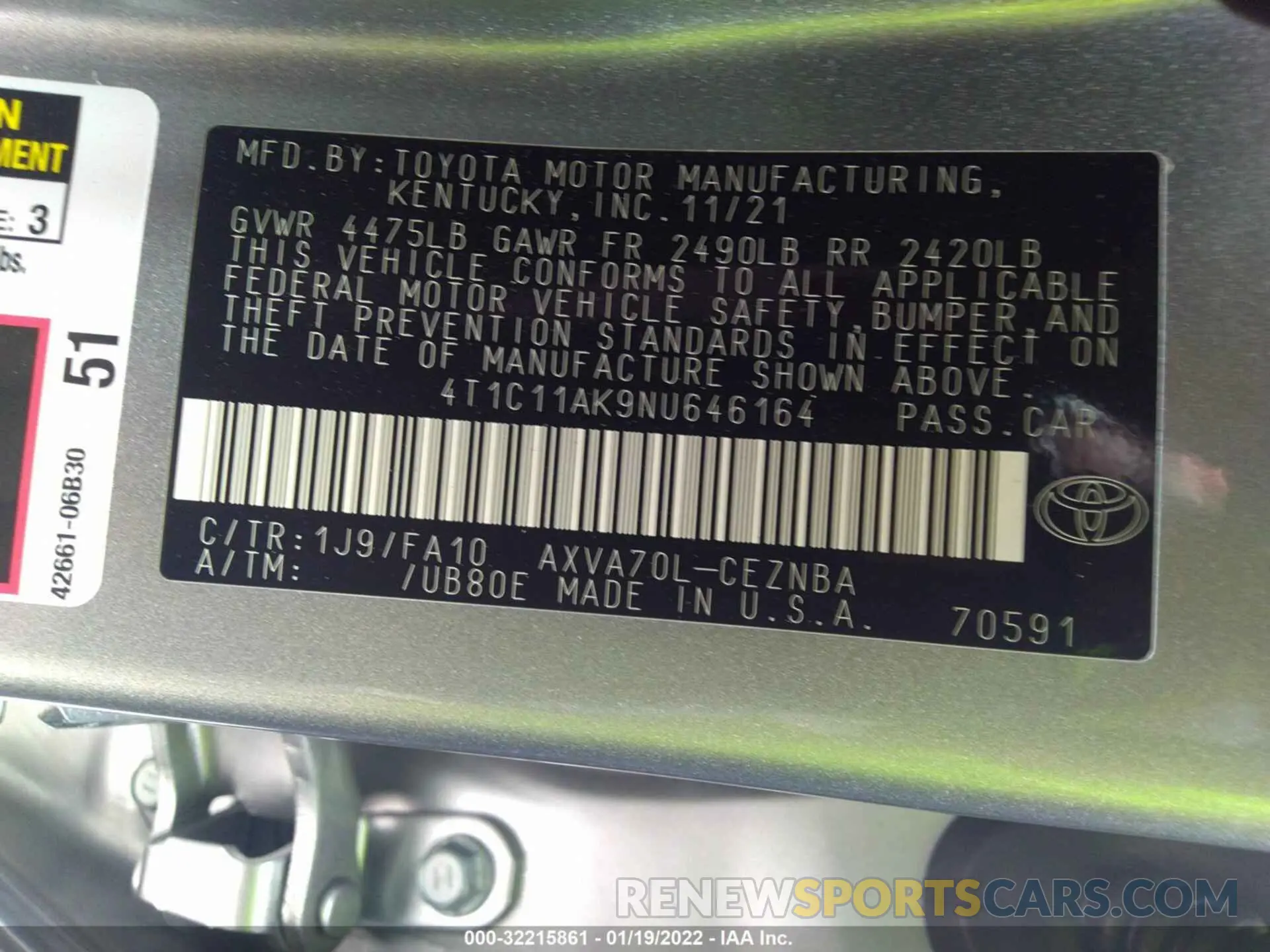 9 fotografías del automóvil dañado 4T1C11AK9NU646164 TOYOTA CAMRY 2022
