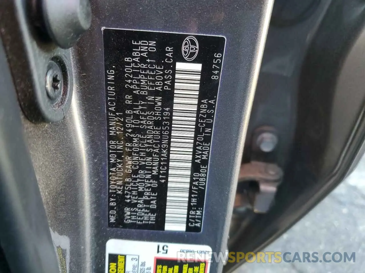 14 fotografías del automóvil dañado 4T1C11AK9NU653194 TOYOTA CAMRY 2022
