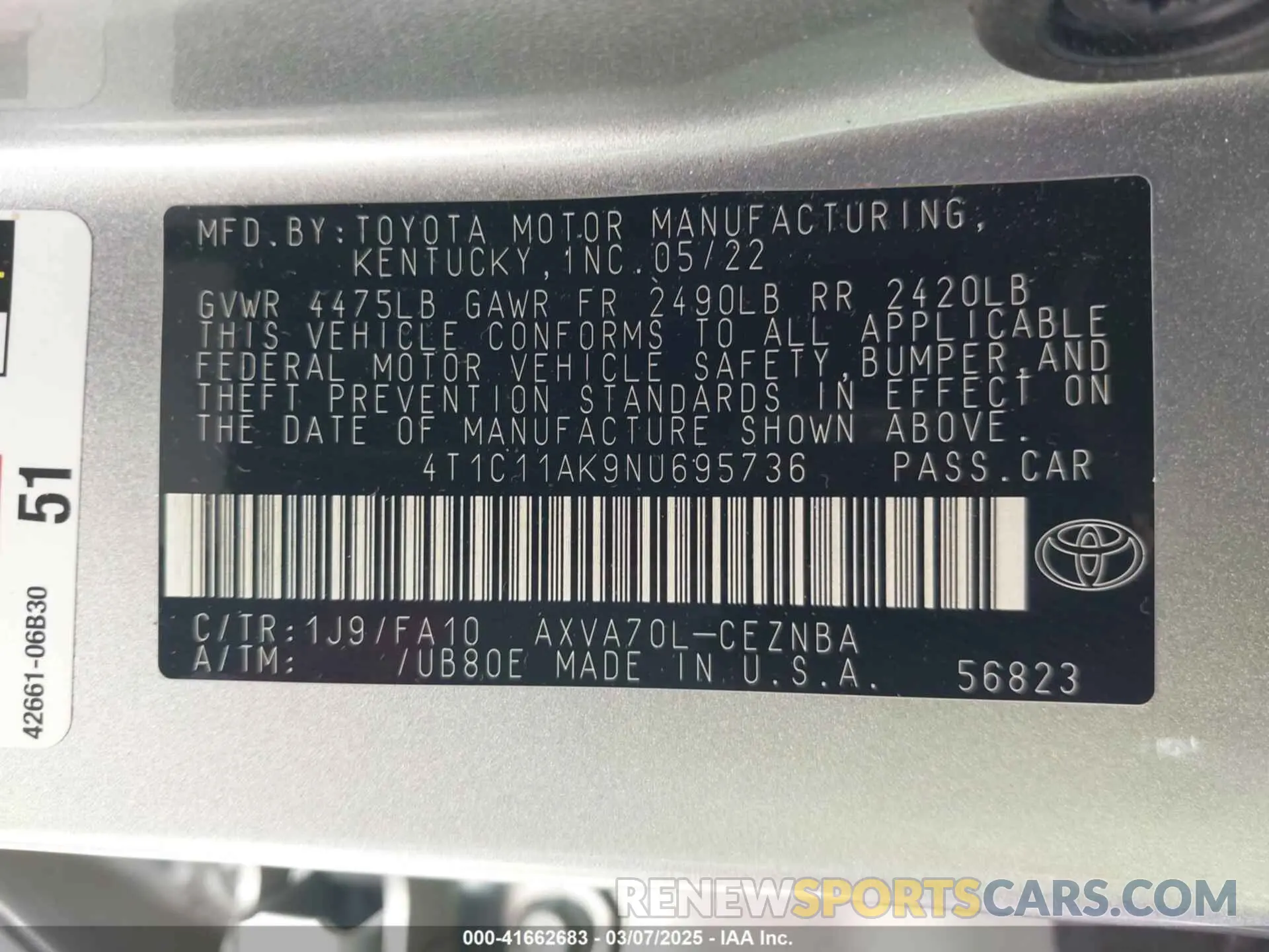 9 fotografías del automóvil dañado 4T1C11AK9NU695736 TOYOTA CAMRY 2022