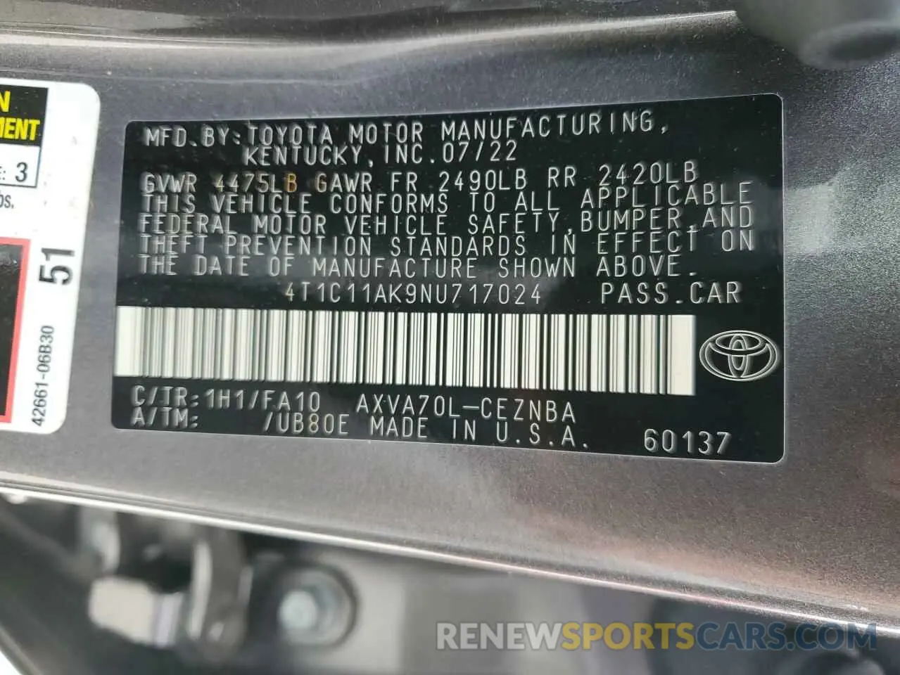 12 fotografías del automóvil dañado 4T1C11AK9NU717024 TOYOTA CAMRY 2022