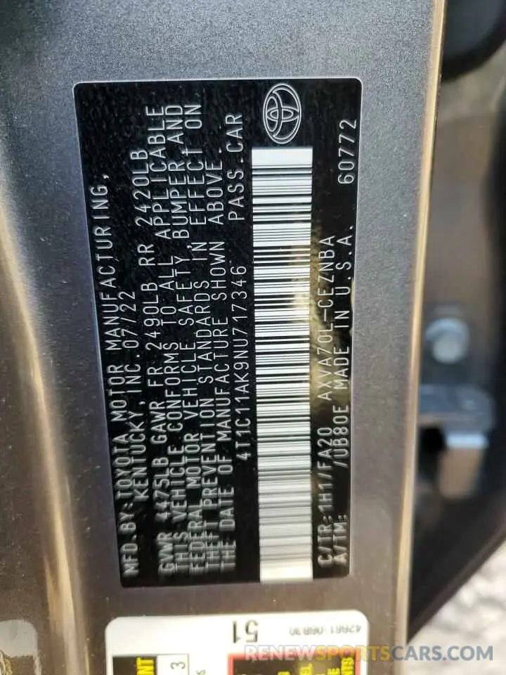 15 fotografías del automóvil dañado 4T1C11AK9NU717346 TOYOTA CAMRY 2022