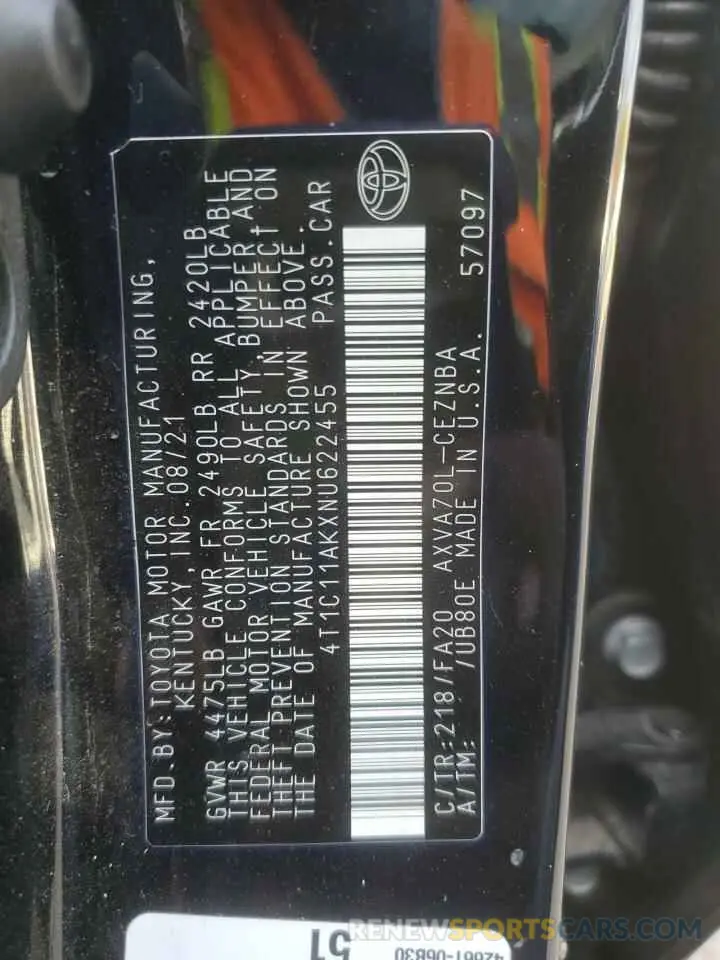 12 fotografías del automóvil dañado 4T1C11AKXNU622455 TOYOTA CAMRY 2022