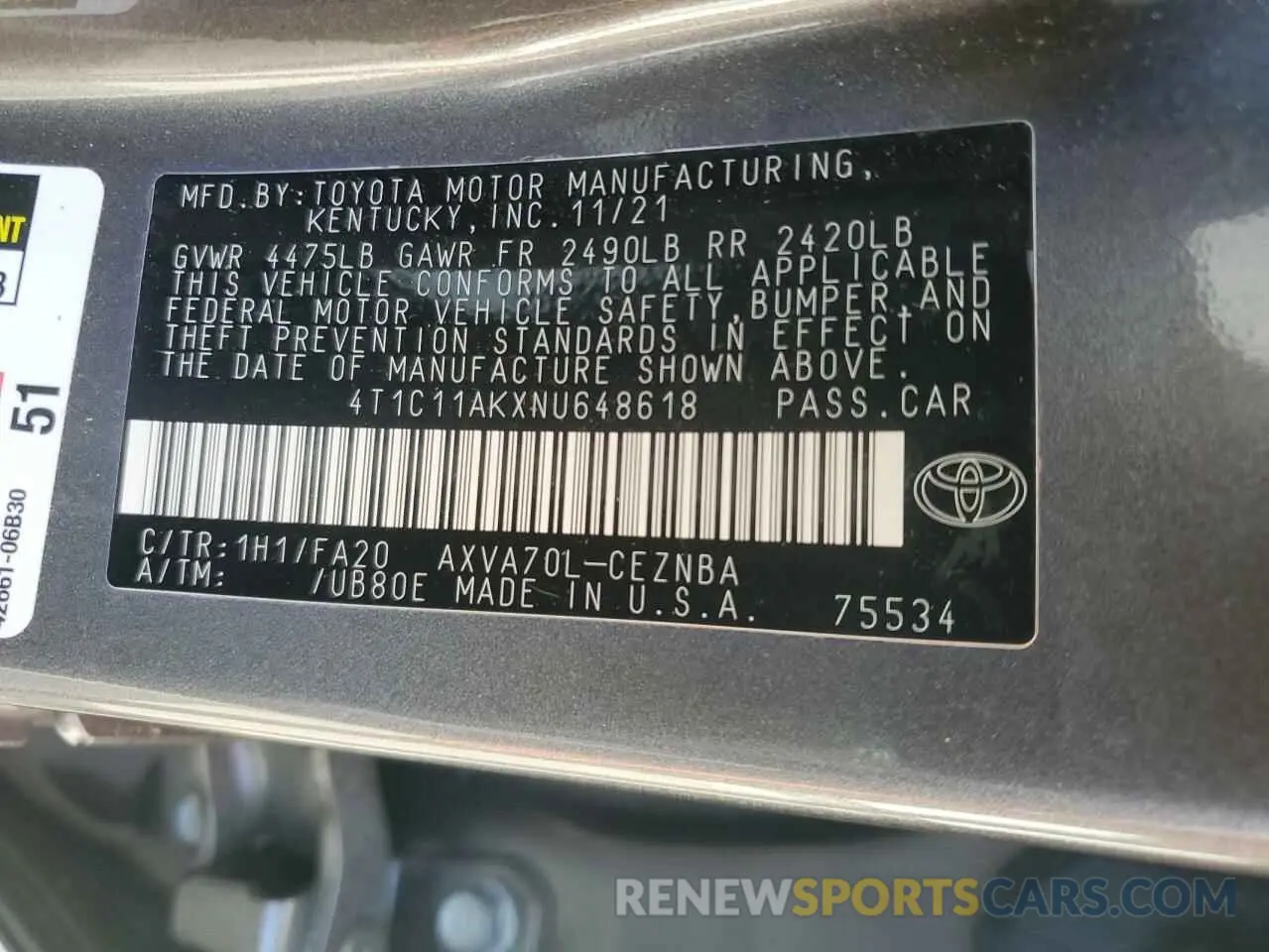 12 fotografías del automóvil dañado 4T1C11AKXNU648618 TOYOTA CAMRY 2022