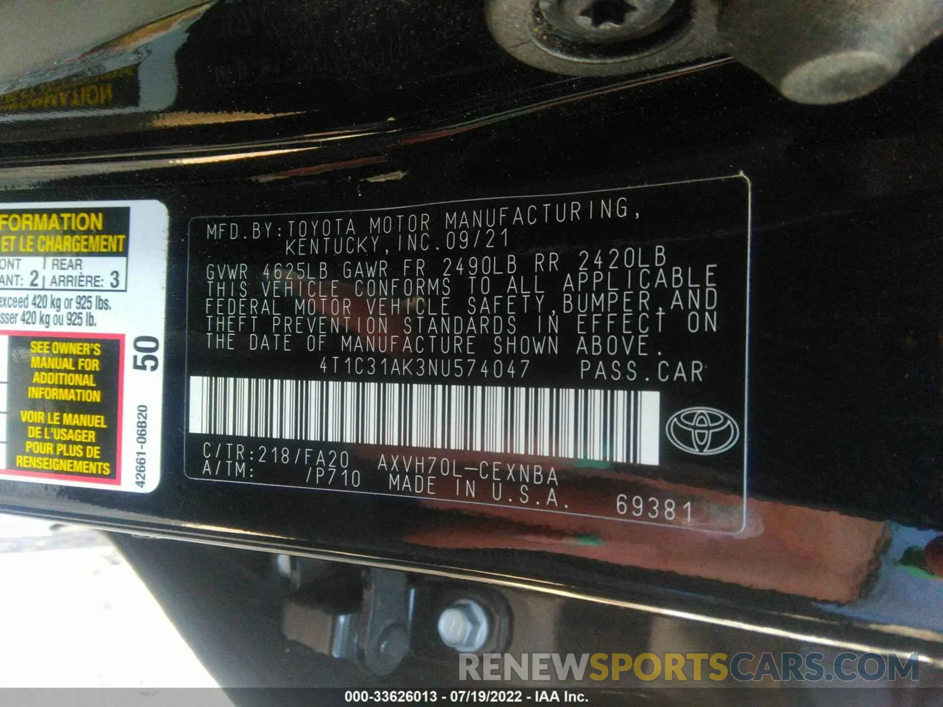 9 fotografías del automóvil dañado 4T1C31AK3NU574047 TOYOTA CAMRY 2022