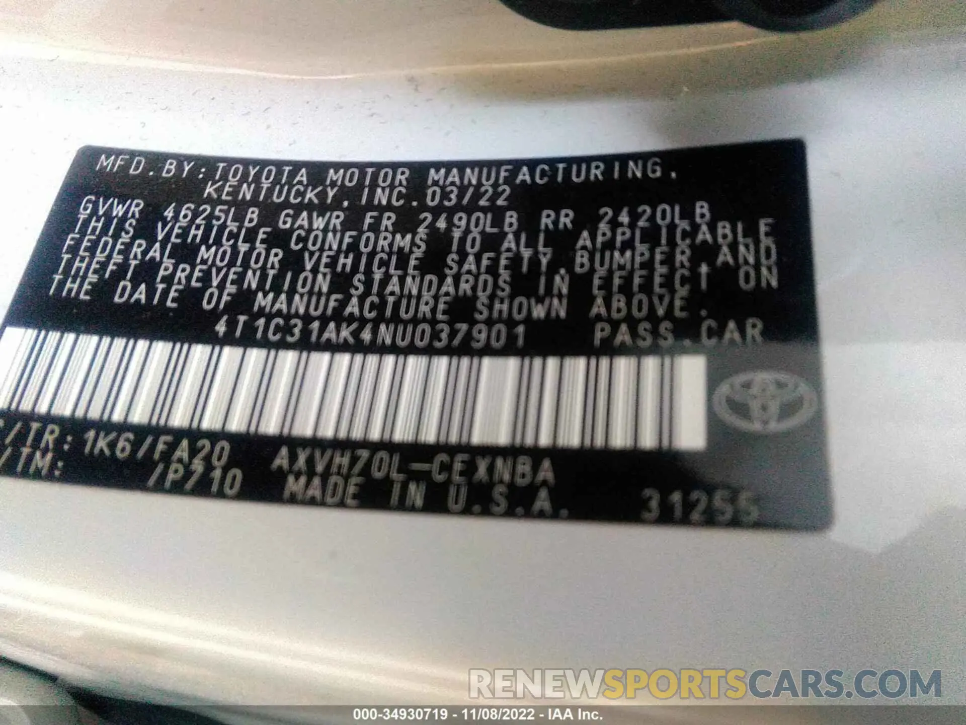 9 fotografías del automóvil dañado 4T1C31AK4NU037901 TOYOTA CAMRY 2022