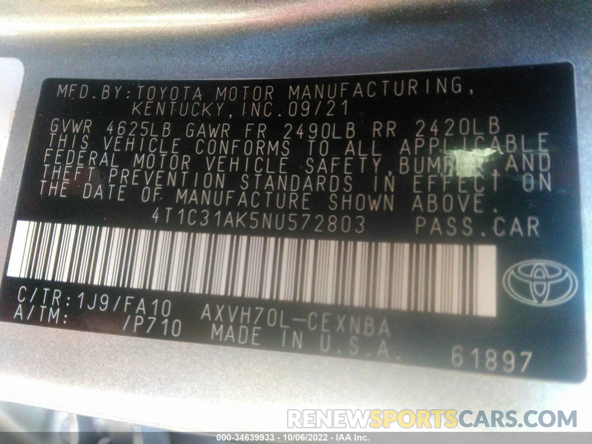 9 fotografías del automóvil dañado 4T1C31AK5NU572803 TOYOTA CAMRY 2022
