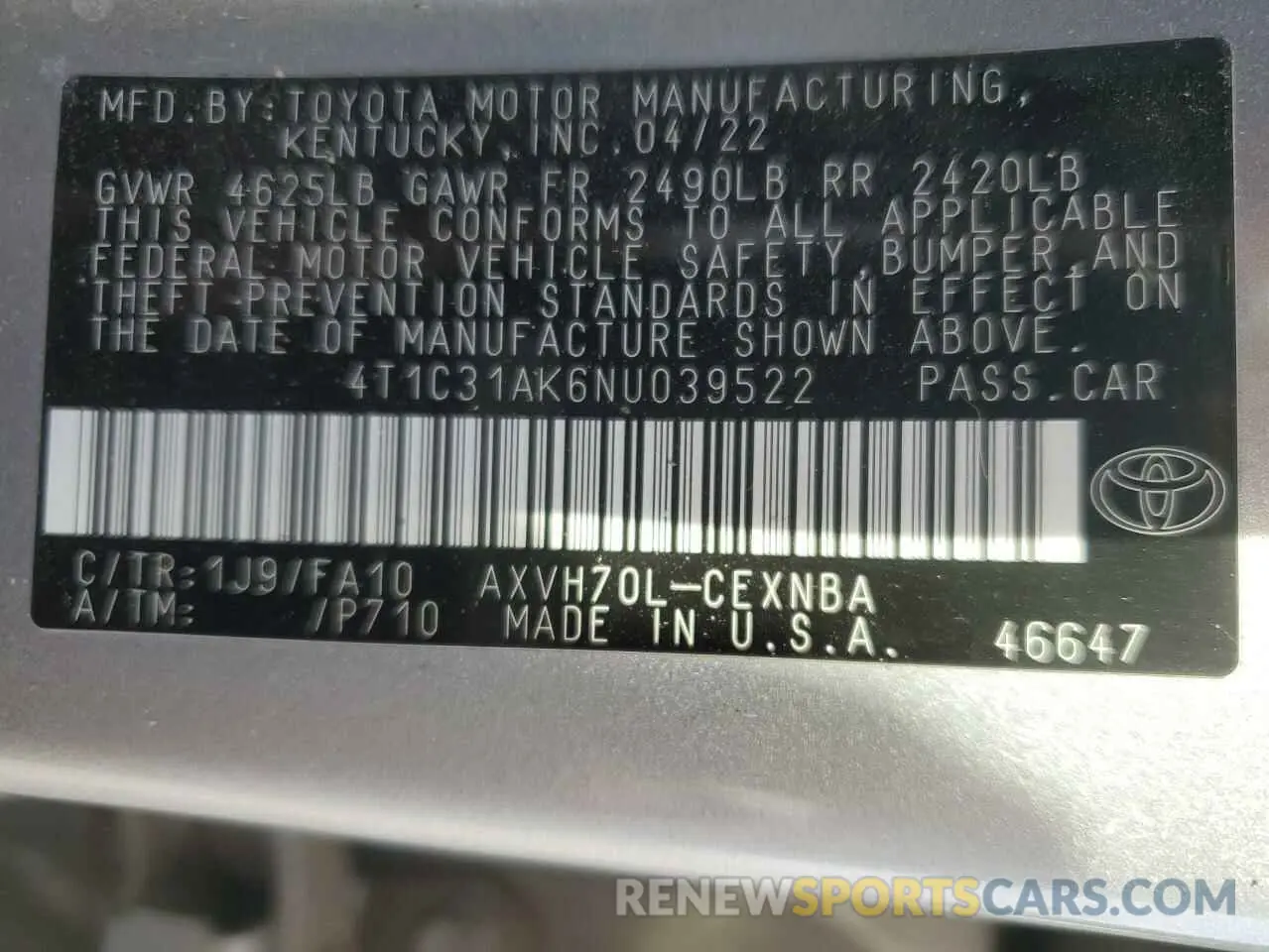 12 fotografías del automóvil dañado 4T1C31AK6NU039522 TOYOTA CAMRY 2022