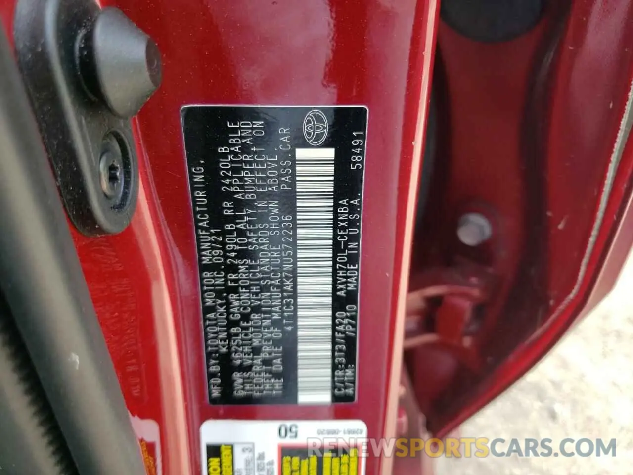 10 fotografías del automóvil dañado 4T1C31AK7NU572236 TOYOTA CAMRY 2022