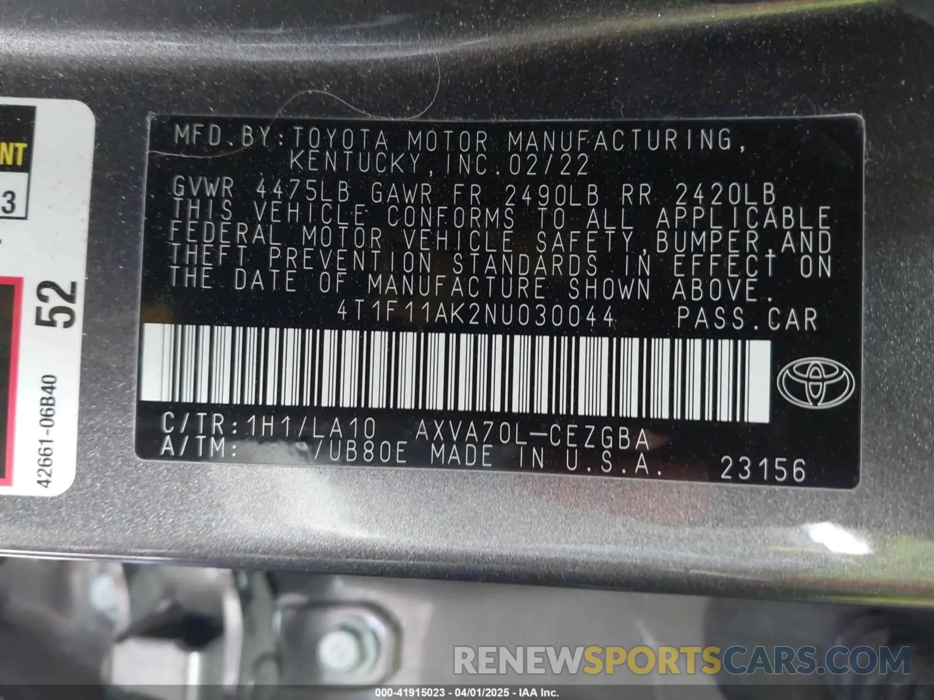 9 fotografías del automóvil dañado 4T1F11AK2NU030044 TOYOTA CAMRY 2022