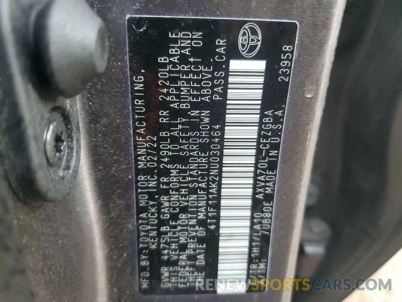 12 fotografías del automóvil dañado 4T1F11AK2NU030464 TOYOTA CAMRY 2022