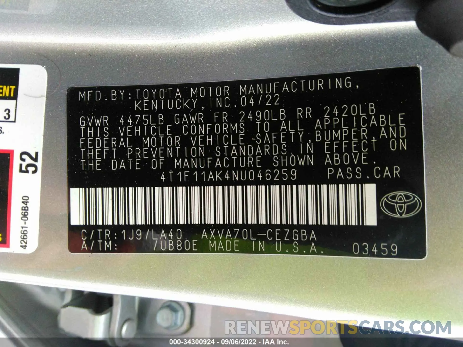 9 fotografías del automóvil dañado 4T1F11AK4NU046259 TOYOTA CAMRY 2022