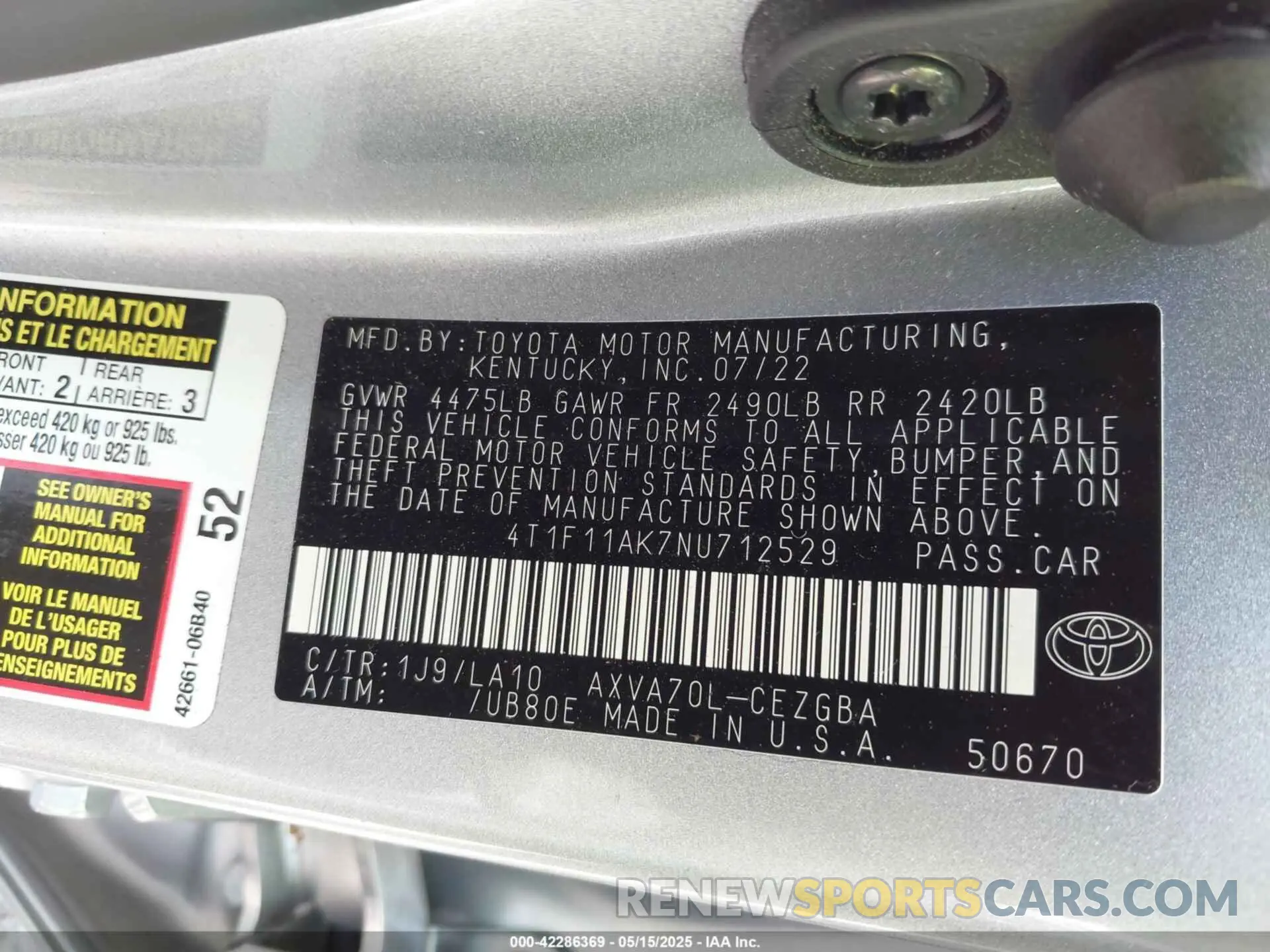 9 fotografías del automóvil dañado 4T1F11AK7NU712529 TOYOTA CAMRY 2022