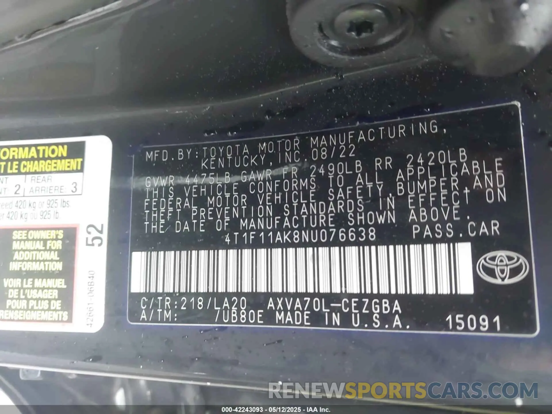9 fotografías del automóvil dañado 4T1F11AK8NU076638 TOYOTA CAMRY 2022