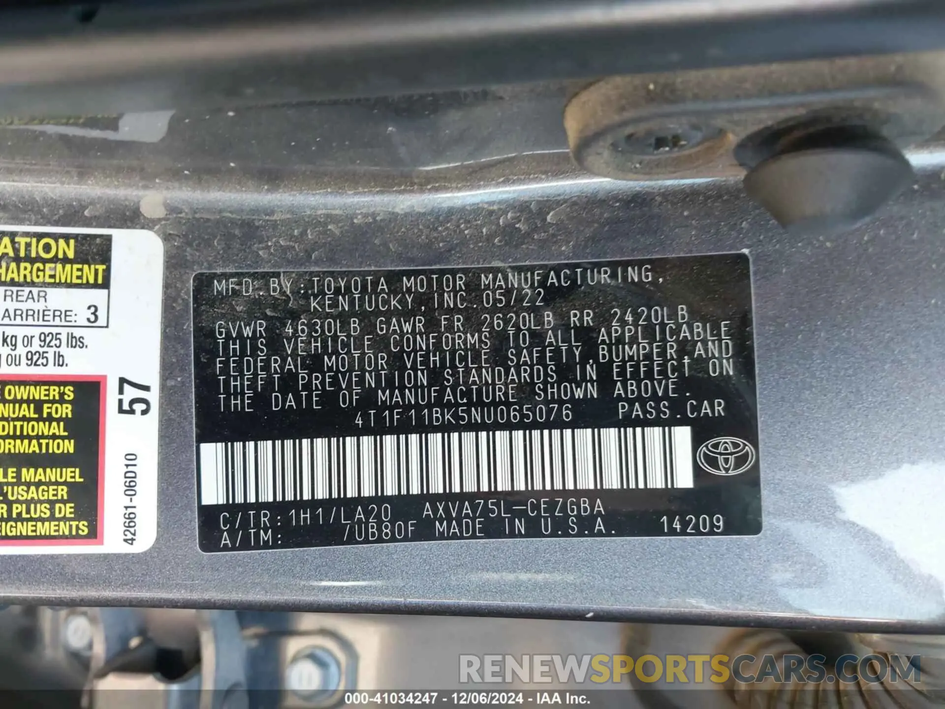 9 fotografías del automóvil dañado 4T1F11BK5NU065076 TOYOTA CAMRY 2022