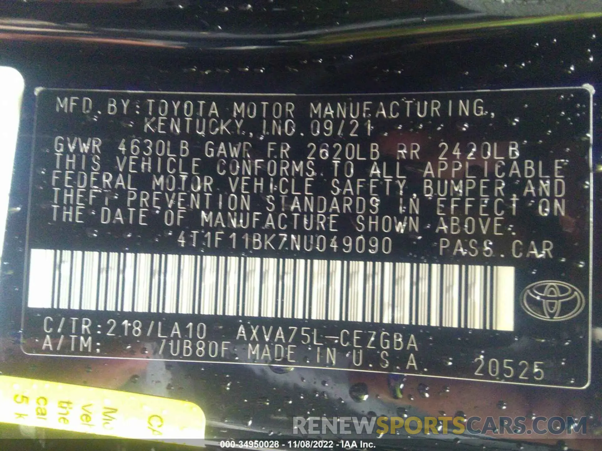 9 fotografías del automóvil dañado 4T1F11BK7NU049090 TOYOTA CAMRY 2022