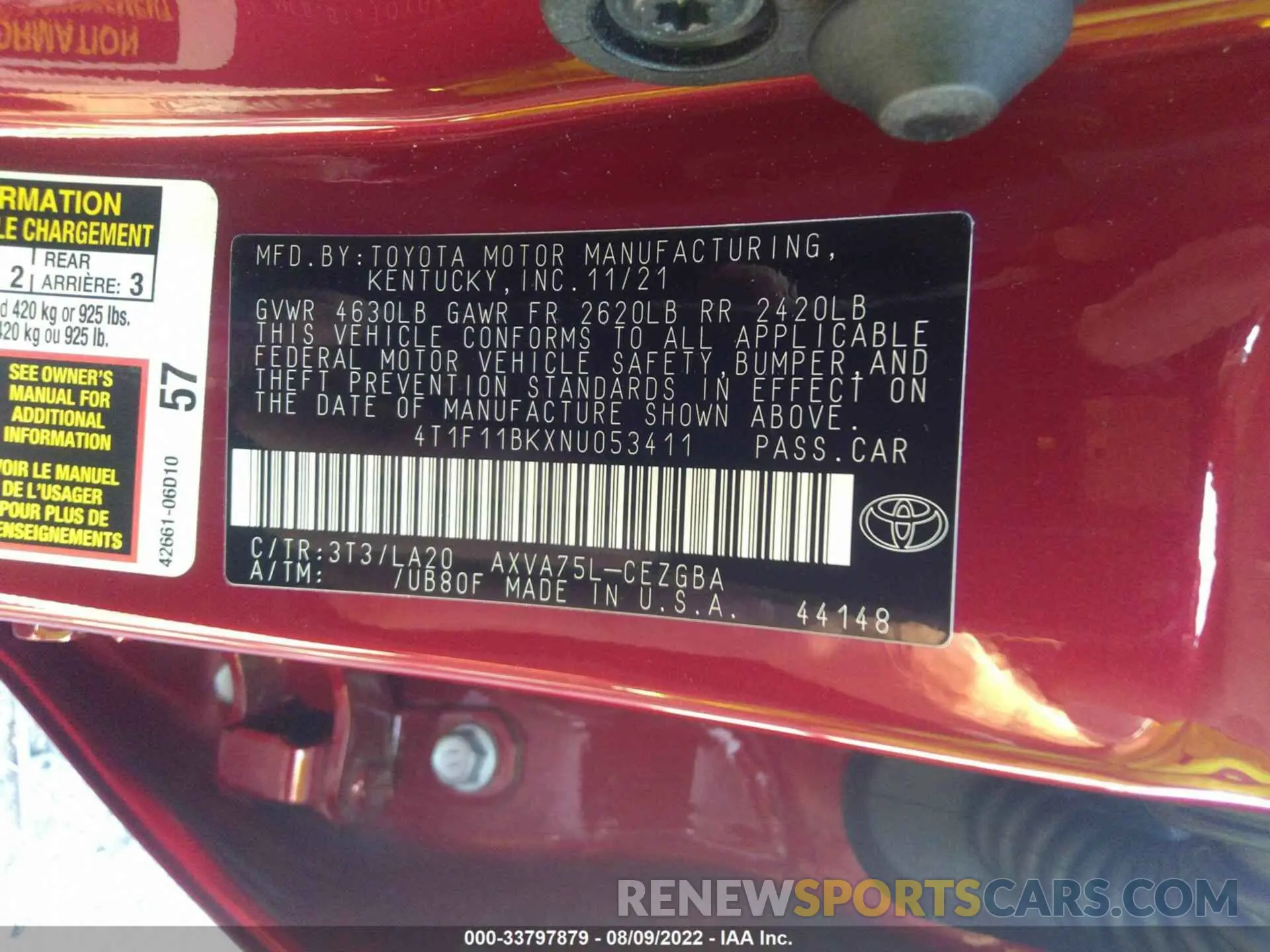 9 fotografías del automóvil dañado 4T1F11BKXNU053411 TOYOTA CAMRY 2022