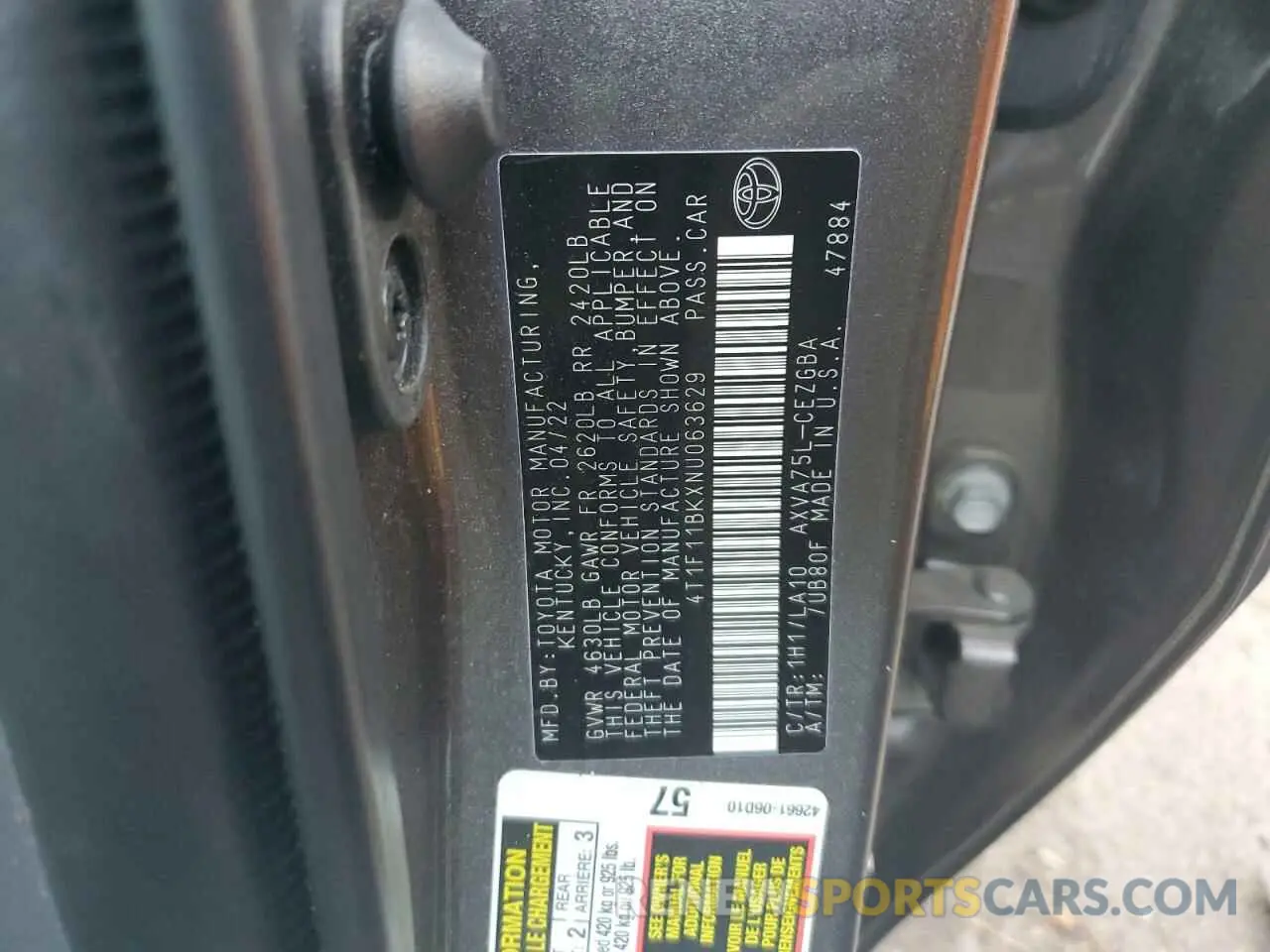 12 fotografías del automóvil dañado 4T1F11BKXNU063629 TOYOTA CAMRY 2022