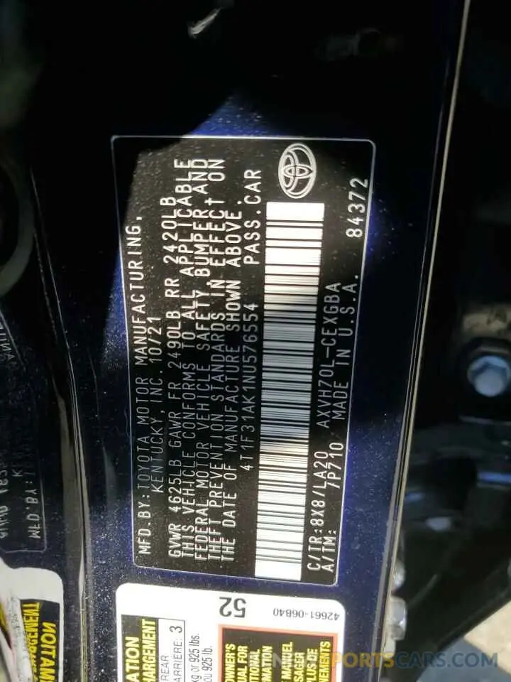 12 fotografías del automóvil dañado 4T1F31AK1NU576554 TOYOTA CAMRY 2022