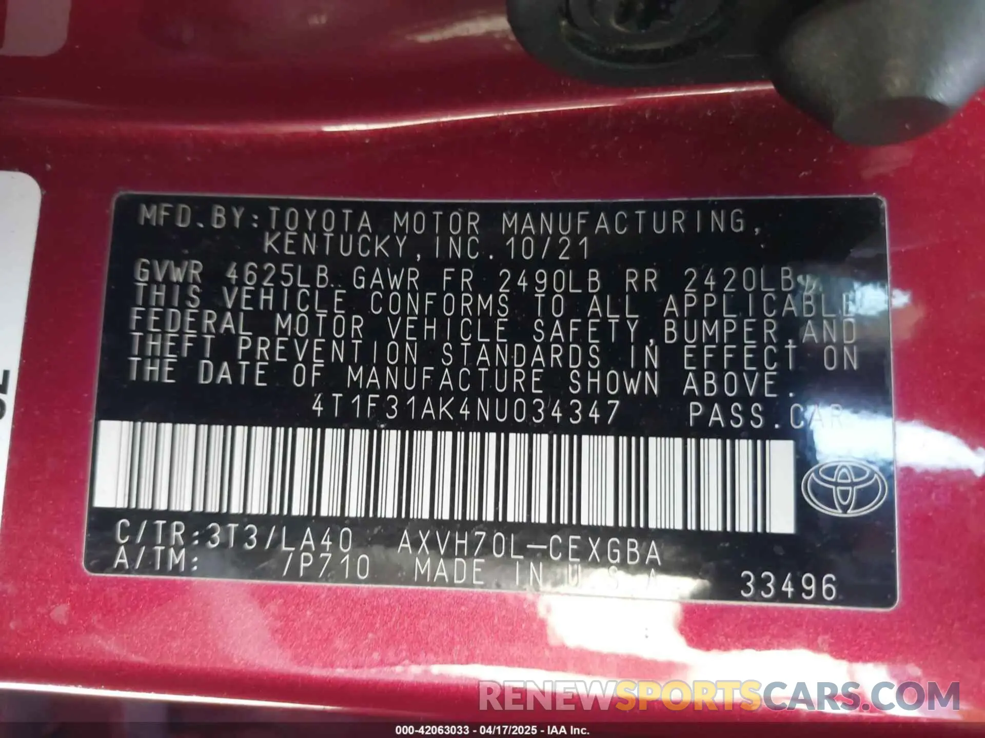 9 fotografías del automóvil dañado 4T1F31AK4NU034347 TOYOTA CAMRY 2022