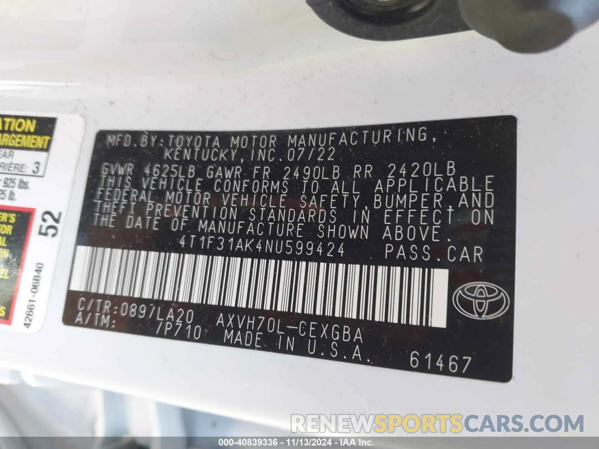 9 fotografías del automóvil dañado 4T1F31AK4NU599424 TOYOTA CAMRY 2022