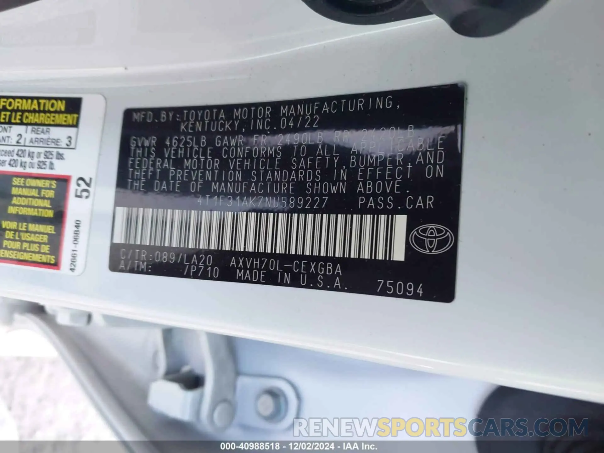 9 fotografías del automóvil dañado 4T1F31AK7NU589227 TOYOTA CAMRY 2022