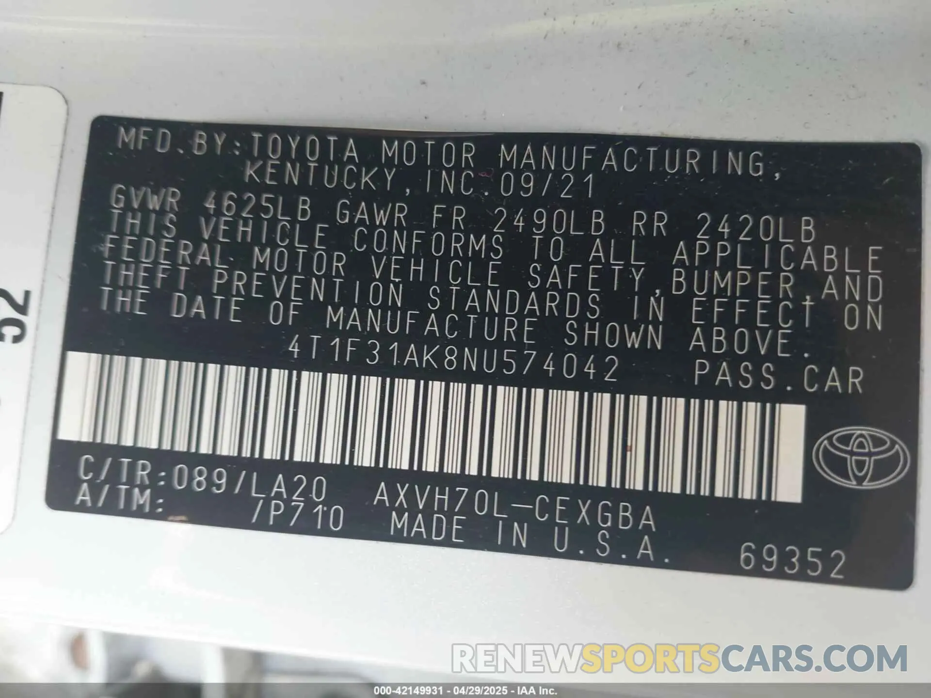 9 fotografías del automóvil dañado 4T1F31AK8NU574042 TOYOTA CAMRY 2022