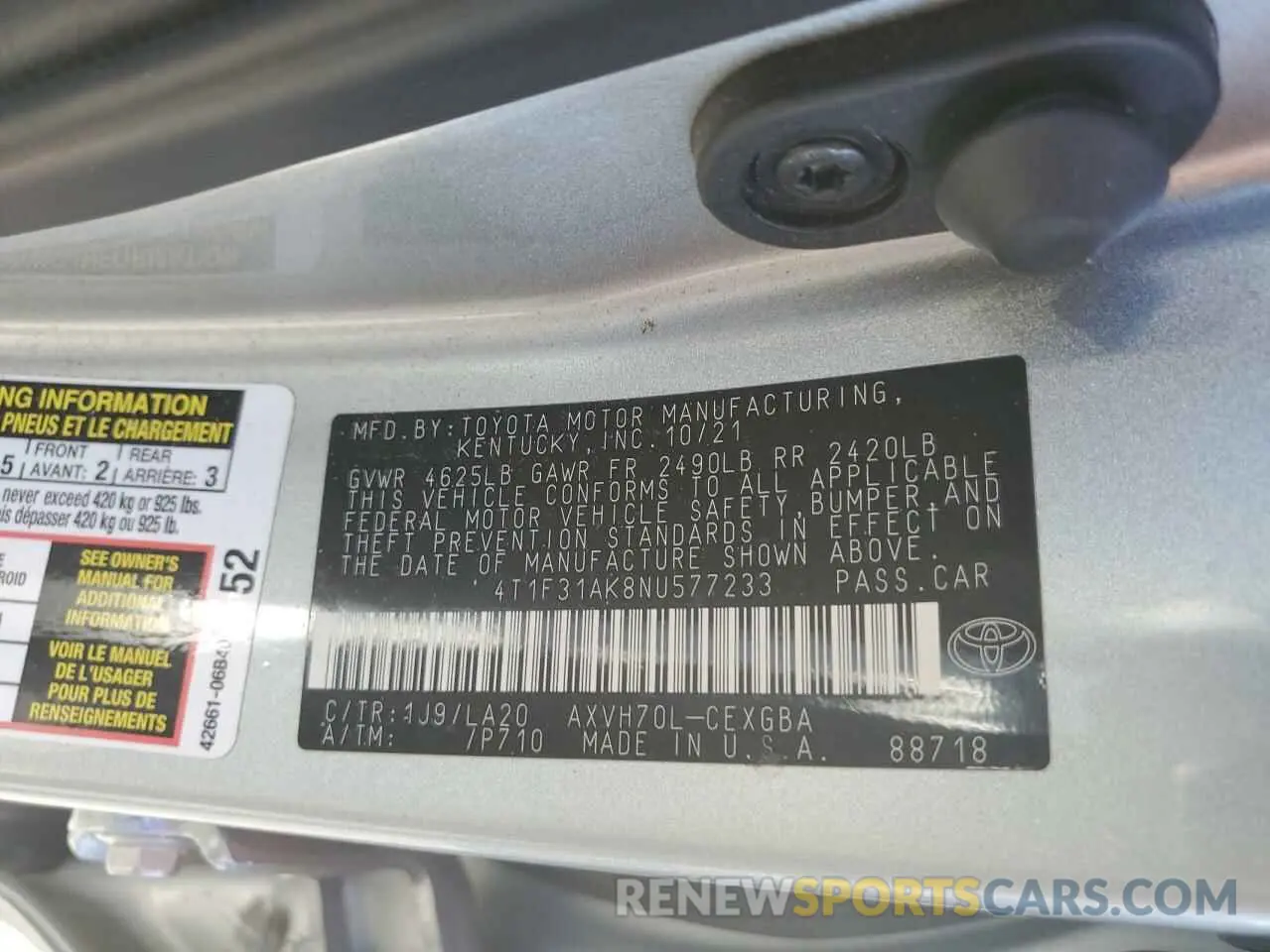 12 fotografías del automóvil dañado 4T1F31AK8NU577233 TOYOTA CAMRY 2022
