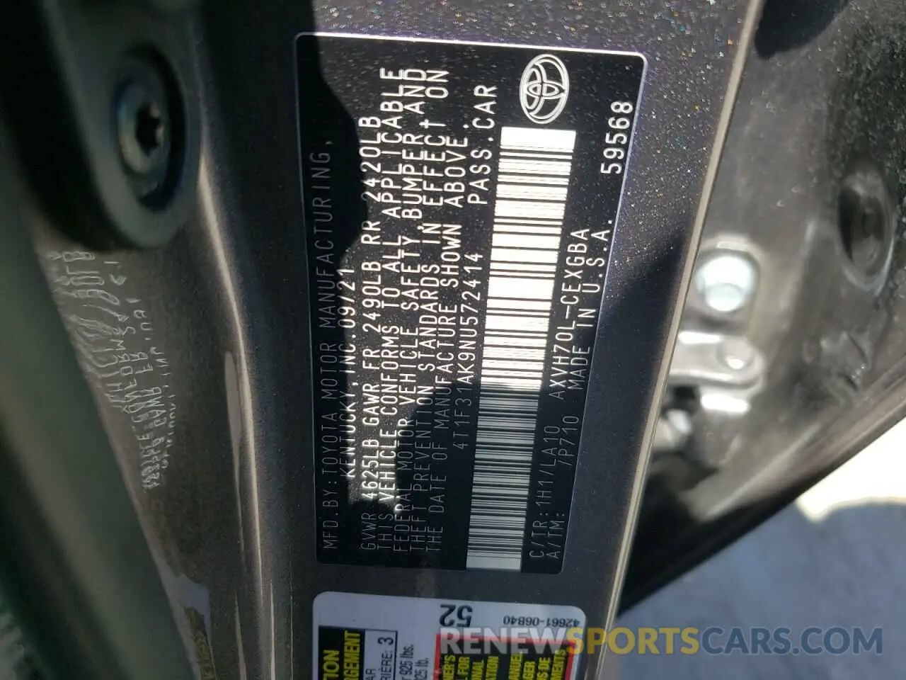 10 fotografías del automóvil dañado 4T1F31AK9NU572414 TOYOTA CAMRY 2022