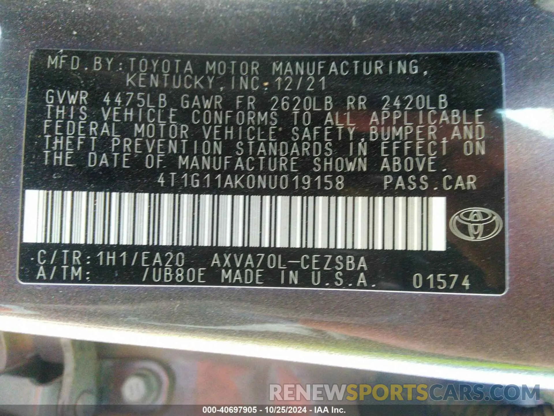 9 fotografías del automóvil dañado 4T1G11AK0NU019158 TOYOTA CAMRY 2022
