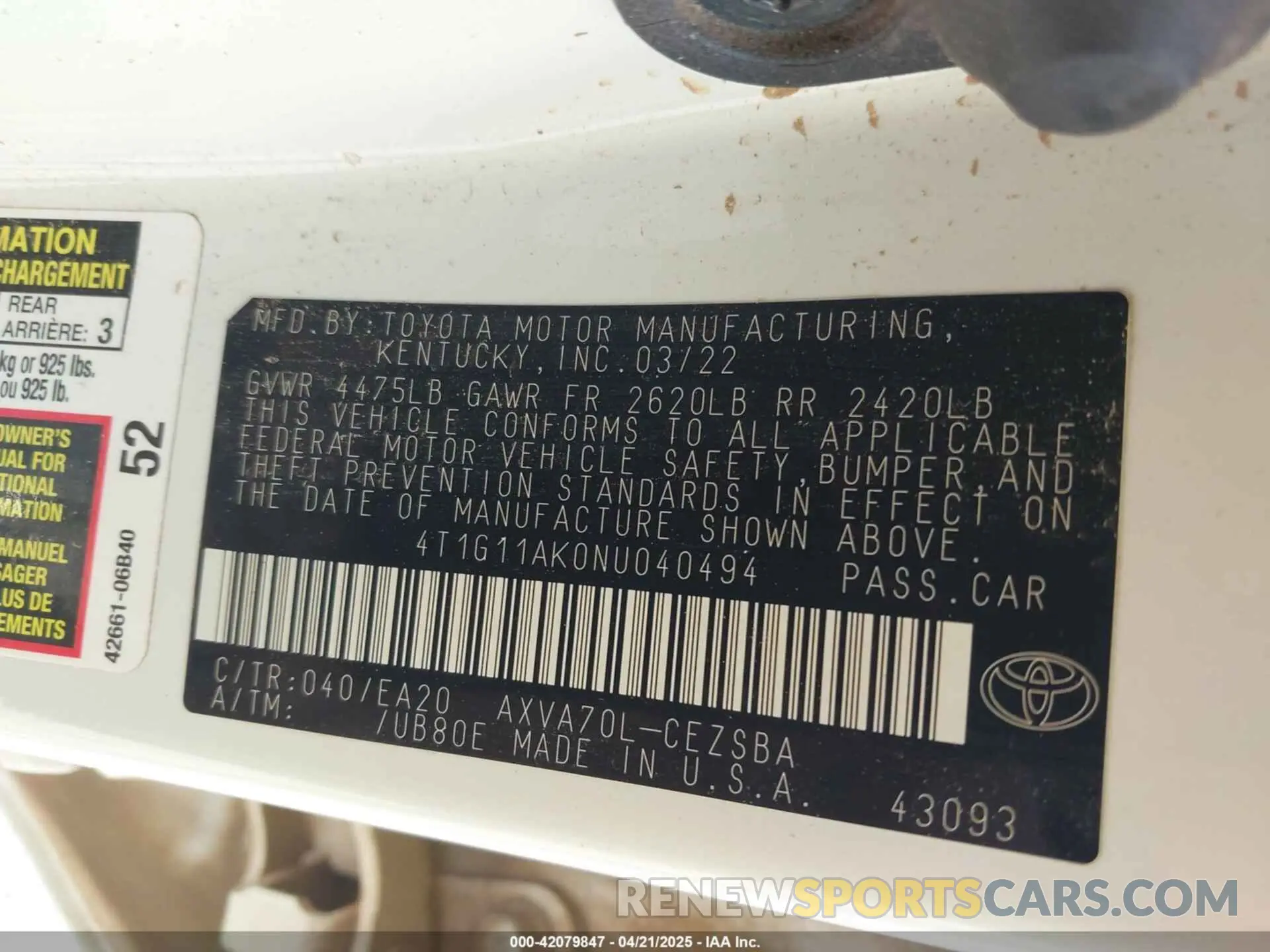 9 fotografías del automóvil dañado 4T1G11AK0NU040494 TOYOTA CAMRY 2022