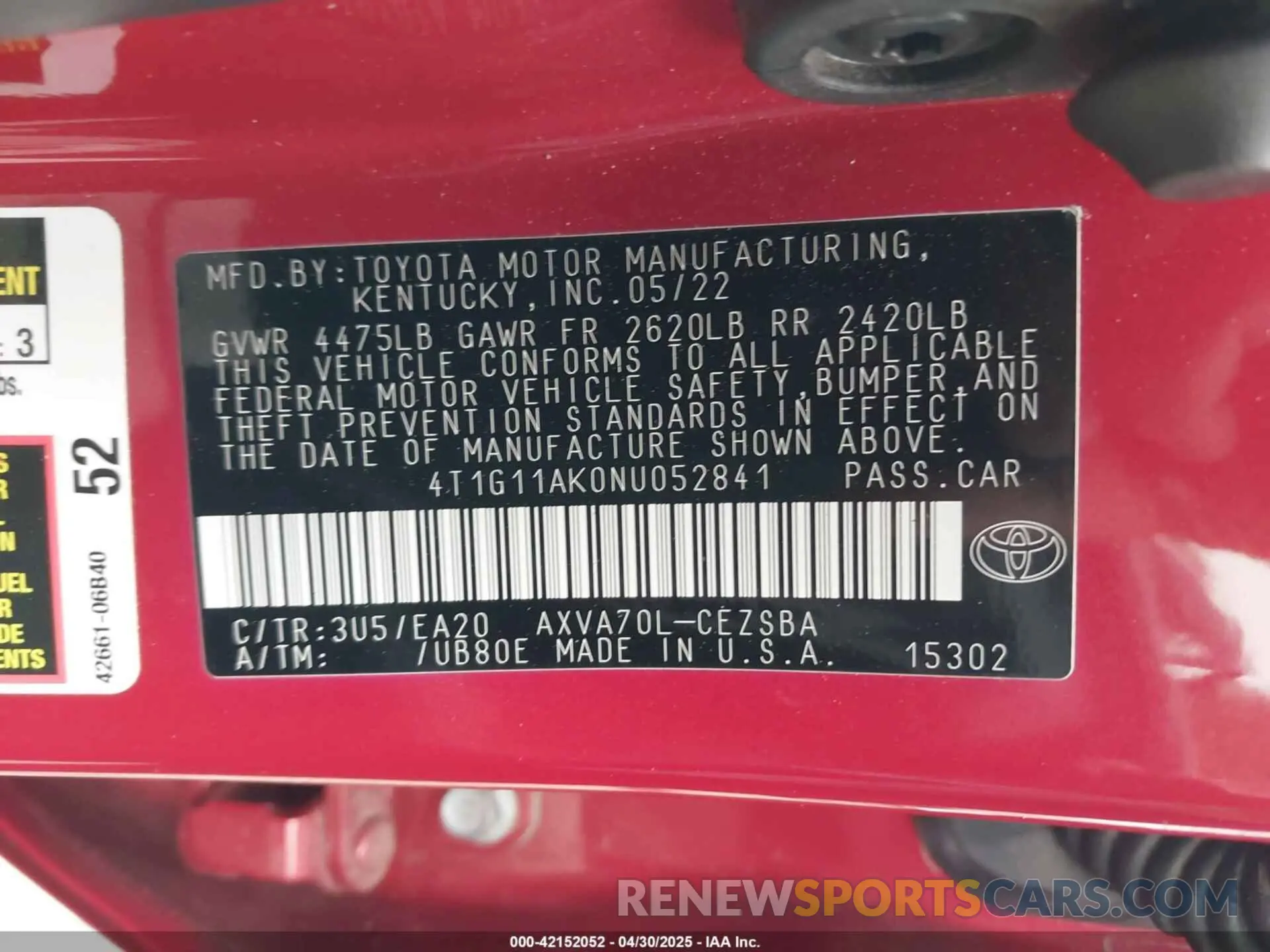 9 fotografías del automóvil dañado 4T1G11AK0NU052841 TOYOTA CAMRY 2022