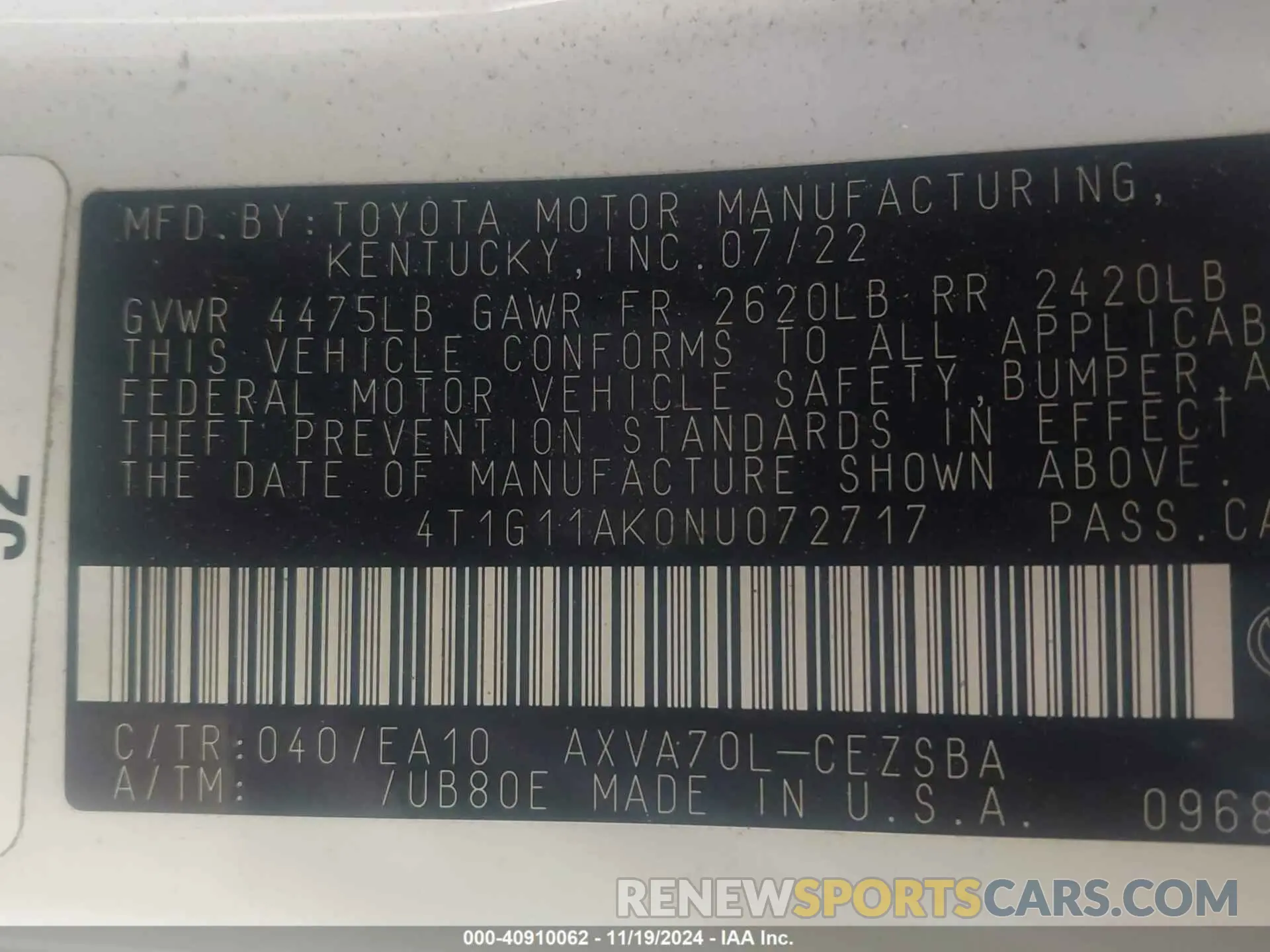 9 fotografías del automóvil dañado 4T1G11AK0NU072717 TOYOTA CAMRY 2022