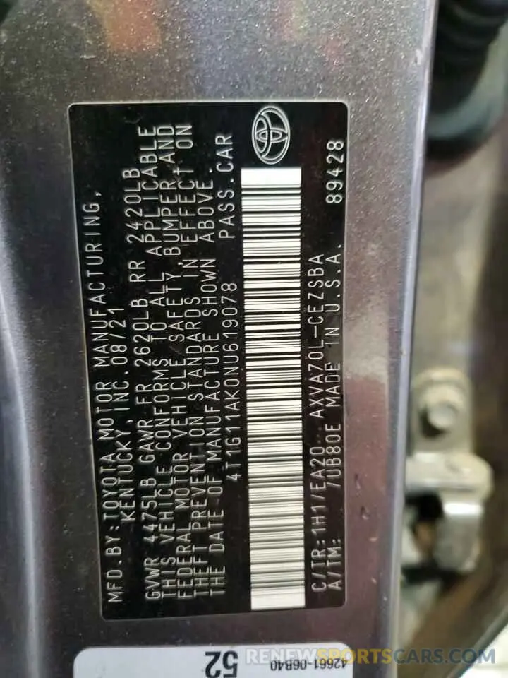 13 fotografías del automóvil dañado 4T1G11AK0NU619078 TOYOTA CAMRY 2022