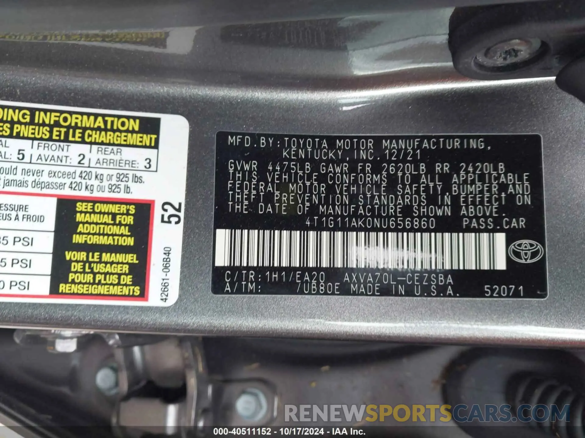 9 fotografías del automóvil dañado 4T1G11AK0NU656860 TOYOTA CAMRY 2022