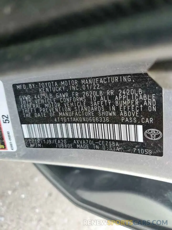 14 fotografías del automóvil dañado 4T1G11AK0NU666336 TOYOTA CAMRY 2022