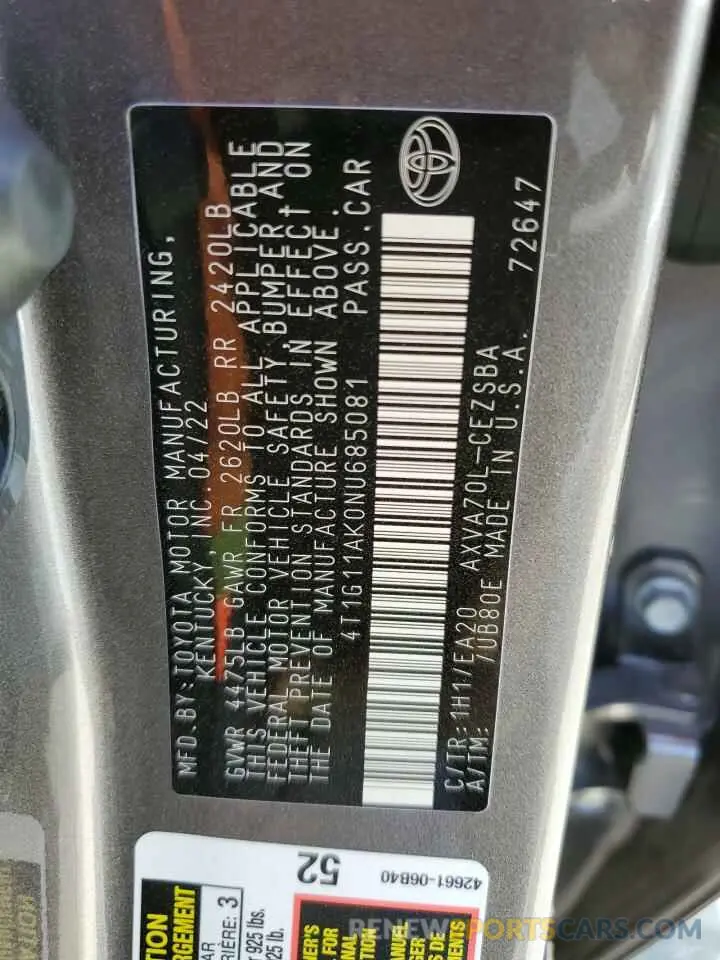 10 fotografías del automóvil dañado 4T1G11AK0NU685081 TOYOTA CAMRY 2022