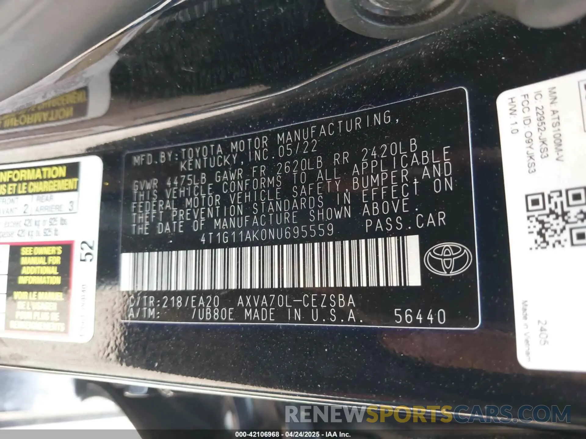 9 fotografías del automóvil dañado 4T1G11AK0NU695559 TOYOTA CAMRY 2022