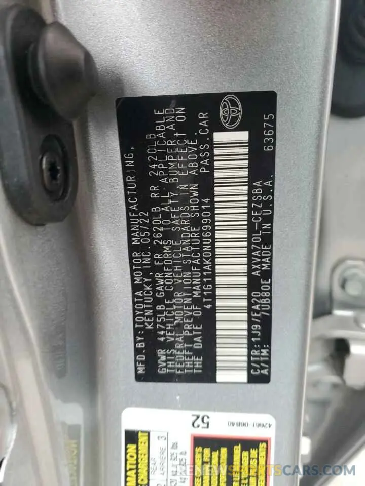 13 fotografías del automóvil dañado 4T1G11AK0NU699014 TOYOTA CAMRY 2022