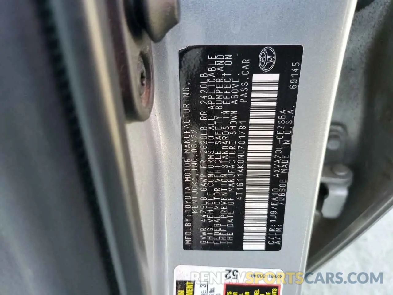 12 fotografías del automóvil dañado 4T1G11AK0NU701781 TOYOTA CAMRY 2022