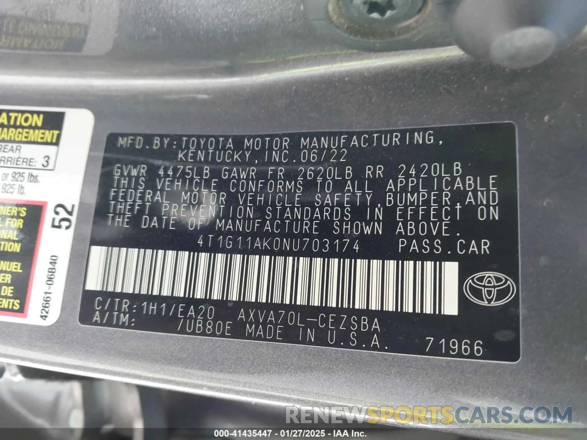 9 fotografías del automóvil dañado 4T1G11AK0NU703174 TOYOTA CAMRY 2022