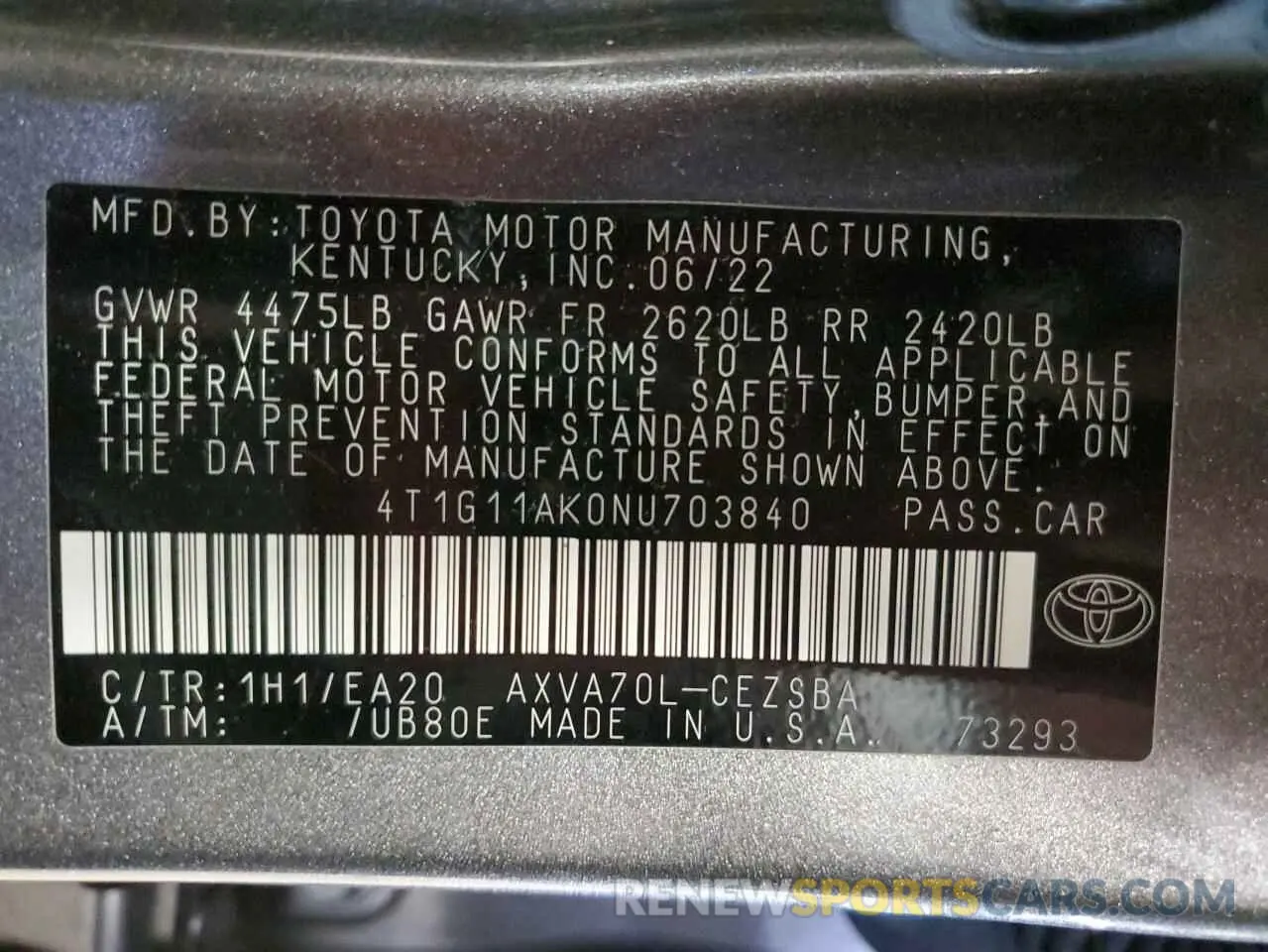 12 fotografías del automóvil dañado 4T1G11AK0NU703840 TOYOTA CAMRY 2022