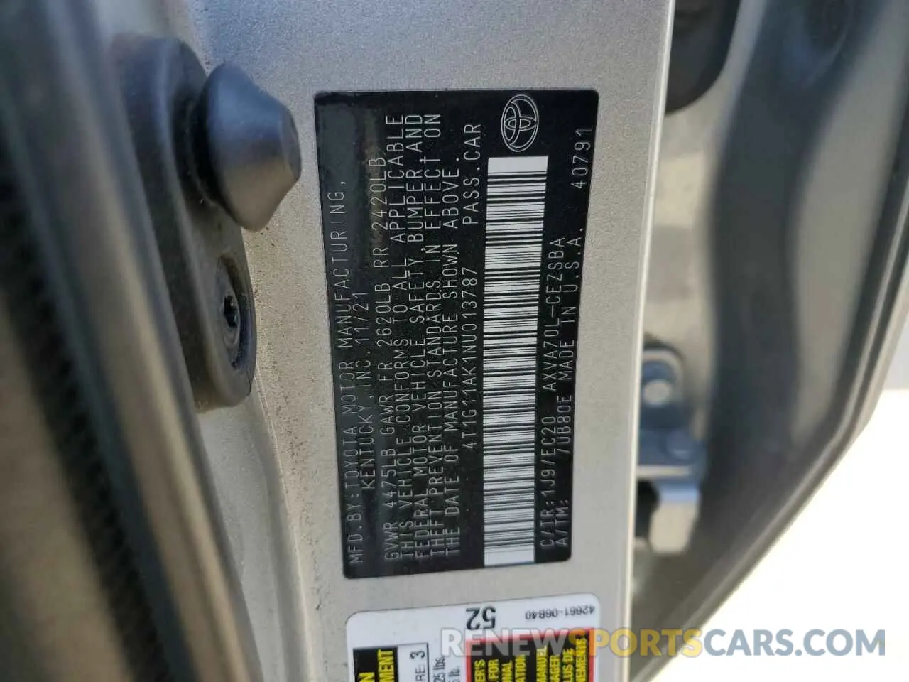 12 fotografías del automóvil dañado 4T1G11AK1NU013787 TOYOTA CAMRY 2022
