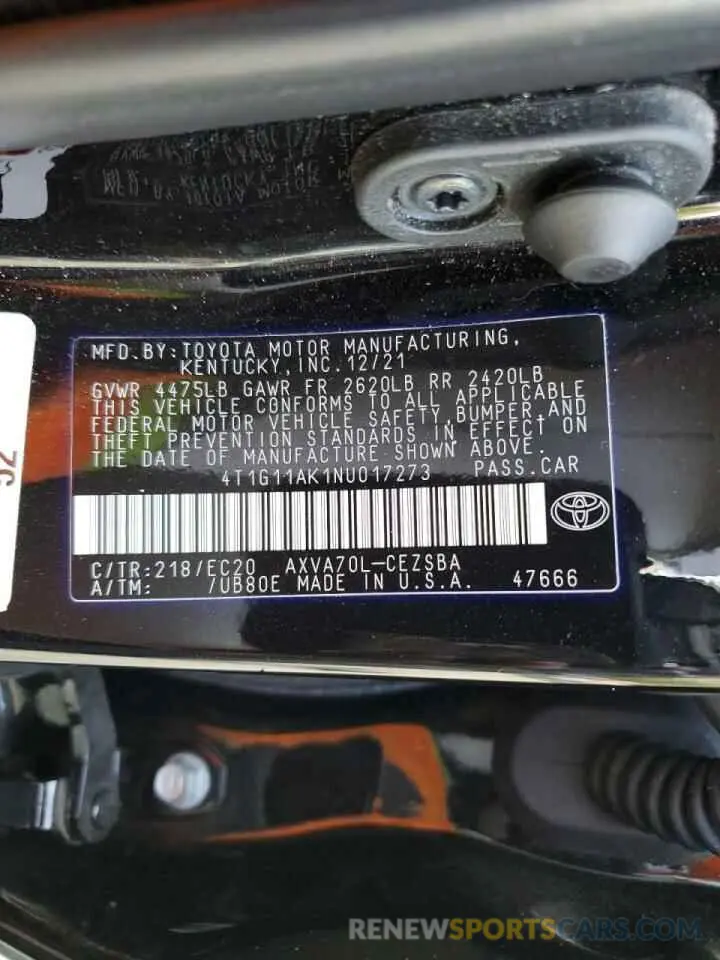 10 fotografías del automóvil dañado 4T1G11AK1NU017273 TOYOTA CAMRY 2022
