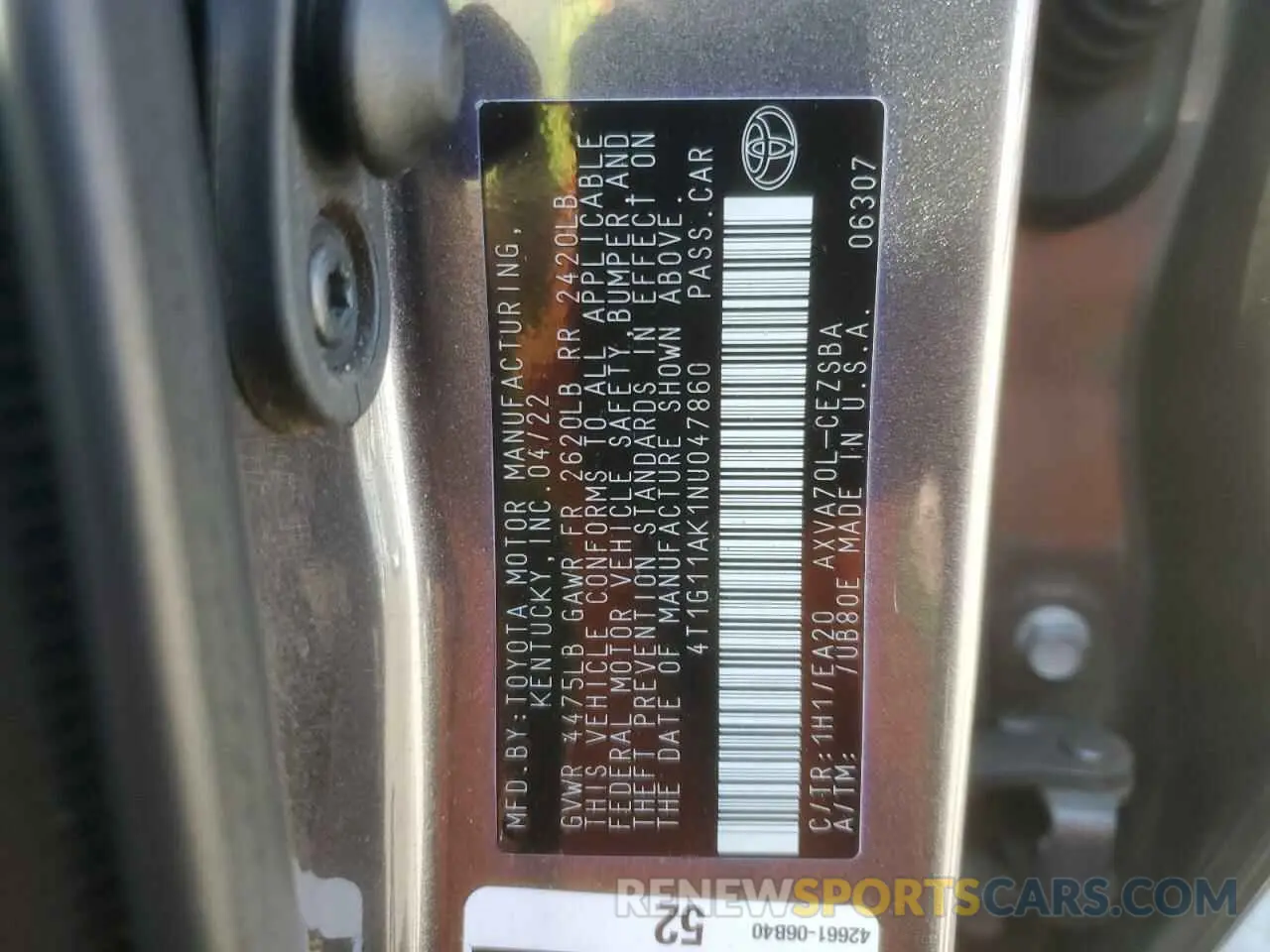 12 fotografías del automóvil dañado 4T1G11AK1NU047860 TOYOTA CAMRY 2022