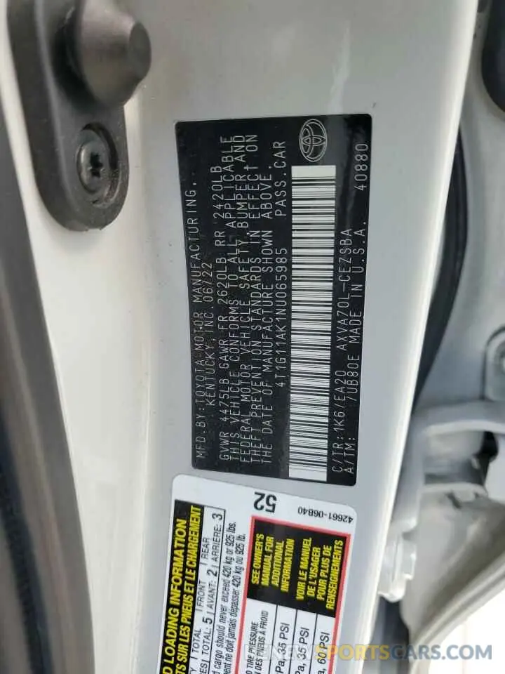 12 fotografías del automóvil dañado 4T1G11AK1NU065985 TOYOTA CAMRY 2022