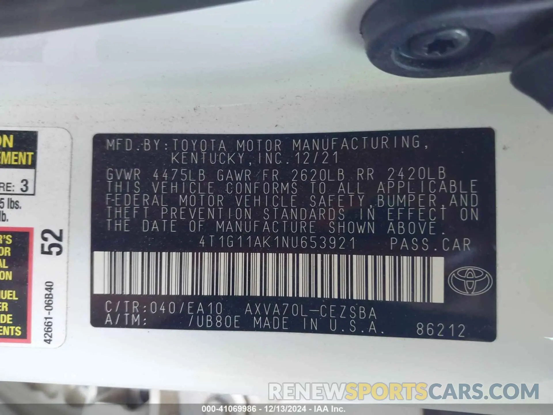 9 fotografías del automóvil dañado 4T1G11AK1NU653921 TOYOTA CAMRY 2022