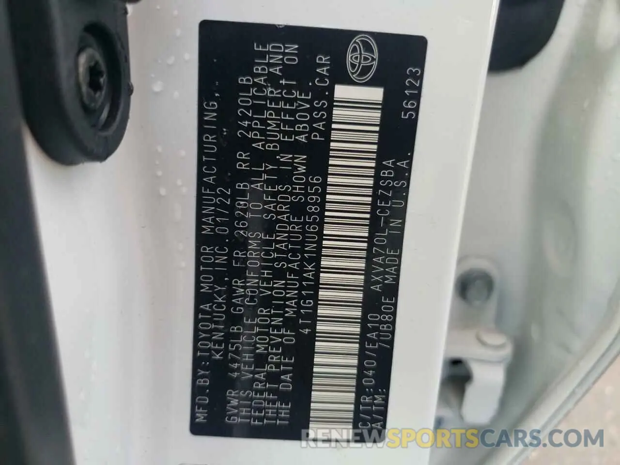 10 fotografías del automóvil dañado 4T1G11AK1NU658956 TOYOTA CAMRY 2022