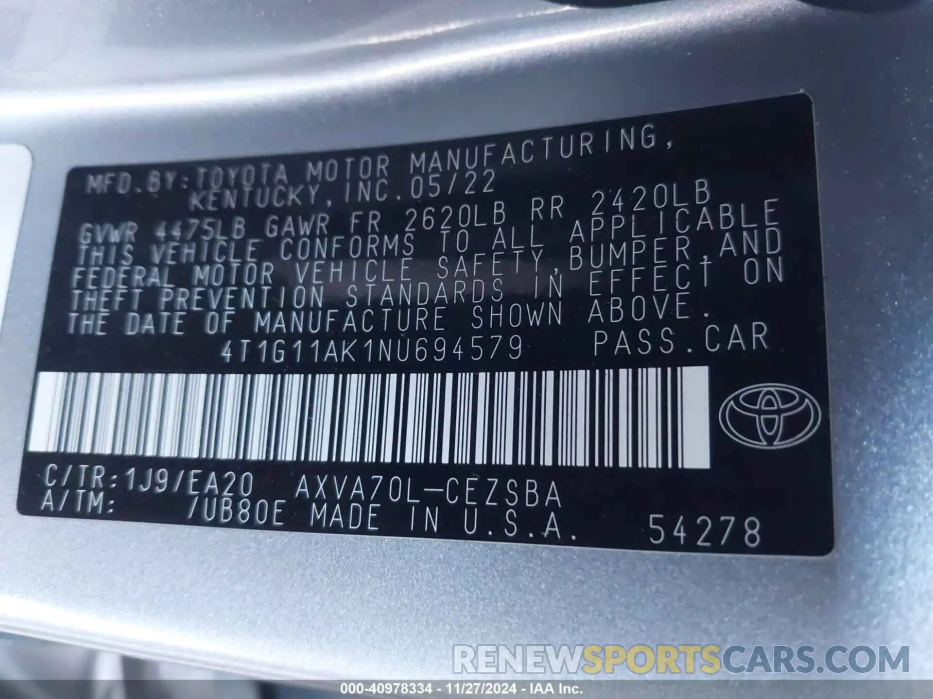 9 fotografías del automóvil dañado 4T1G11AK1NU694579 TOYOTA CAMRY 2022