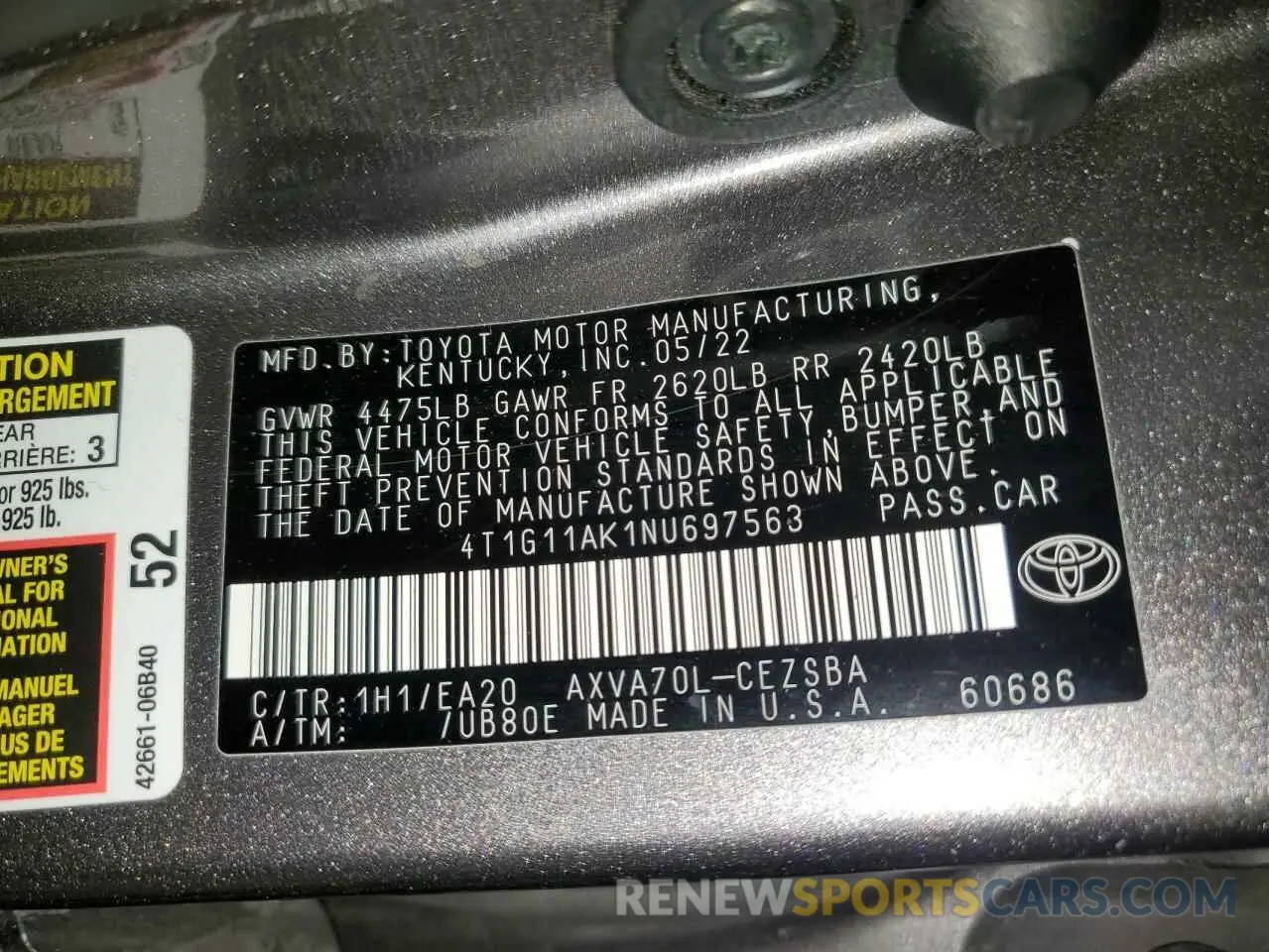 12 fotografías del automóvil dañado 4T1G11AK1NU697563 TOYOTA CAMRY 2022