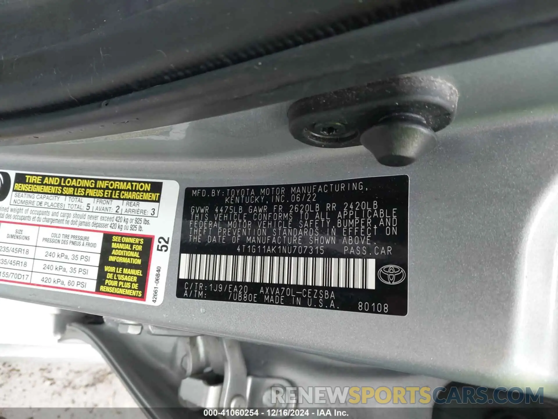 9 fotografías del automóvil dañado 4T1G11AK1NU707315 TOYOTA CAMRY 2022